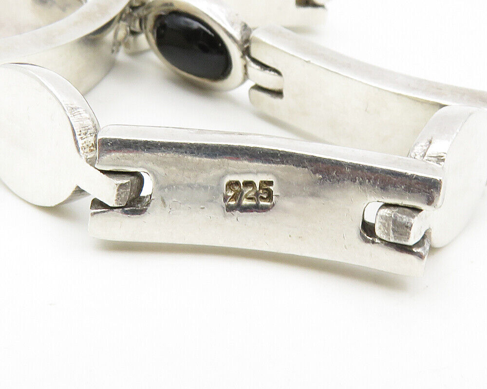 925 Sterling Silver  Vintage Cabochon Cut Black Onyx Chain Bracelet  BT7647