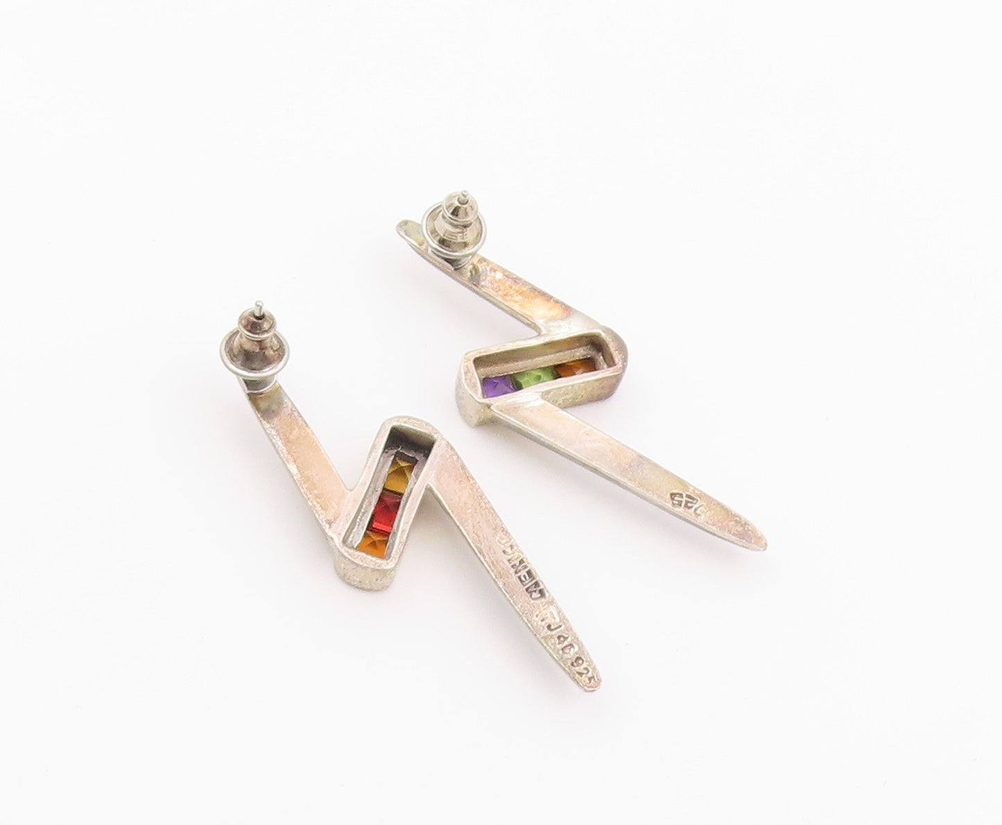 925 Sterling Silver Vintage Earrings MEXICO Gemstone Lightning Bolt Stud EG14426