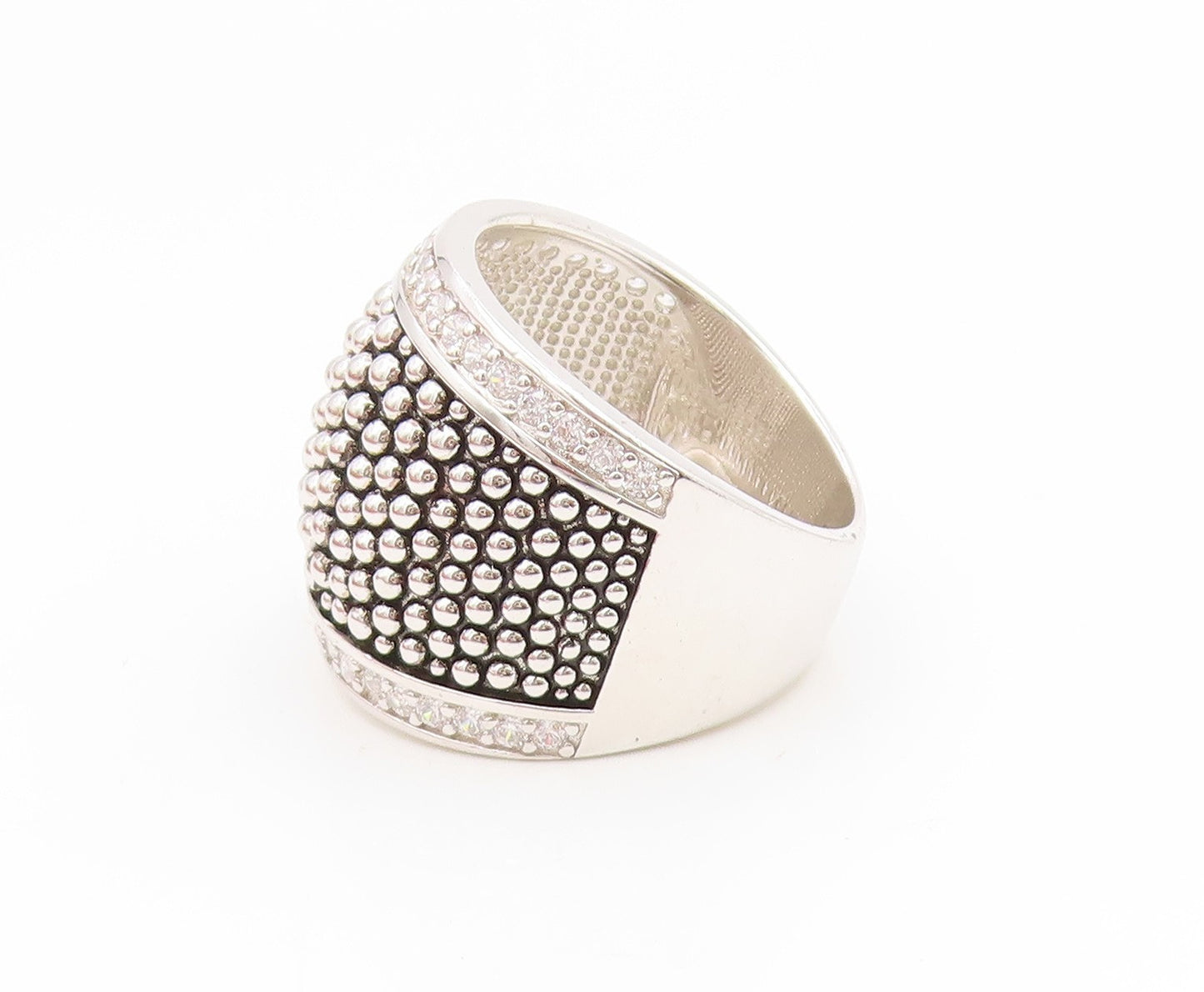 925 Sterling Silver Vintage Ring CZ Caviar Beaded Statement Band Sz 9.5 RG35252