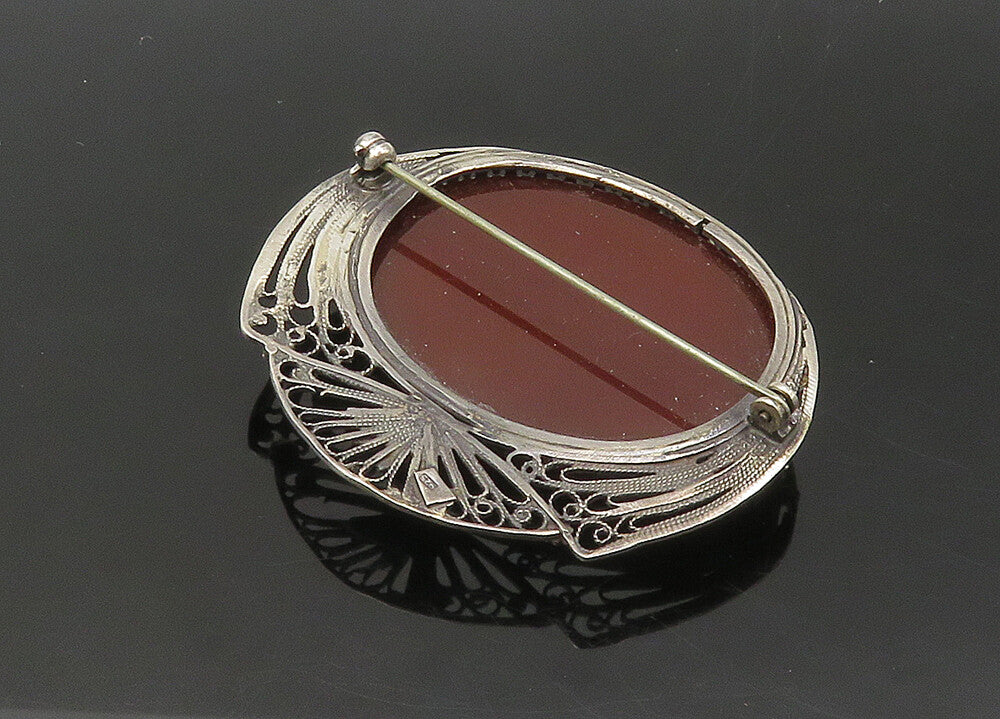 EUROPEAN 925 Sterling Silver  Vintage Carnelian Floral Brooch Pin  BP8680