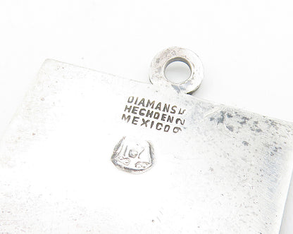 MEXICO 925 Sterling Silver  Vintage Etched Star Square Drop Pendant  PT9426