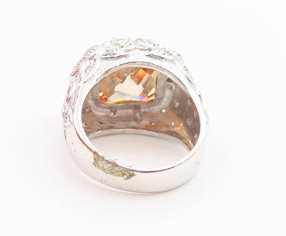 925 Sterling Silver Vintage Ring Citrine & CZ Floral Motif Band  Sz 8  RG35373