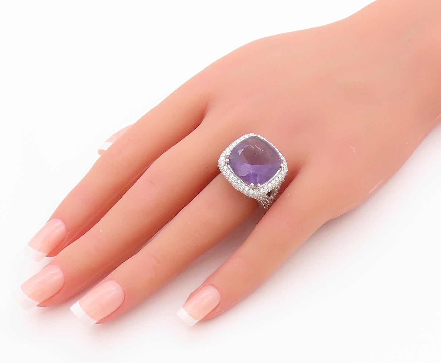 925 Sterling Silver Vintage Ring Square Amethyst Halo Topaz Inlay  Sz 6  RG32505