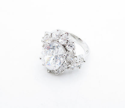 925 Sterling Silver  Sparkling Cubic Zirconia Floral Cocktail Ring Sz 6 RG5282