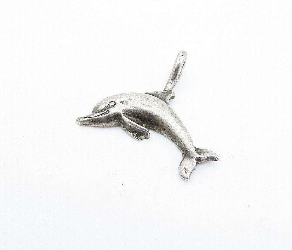 925 Sterling Silver  Vintage Petite Dark Tone Leaping Dolphin Pendant  PT4036