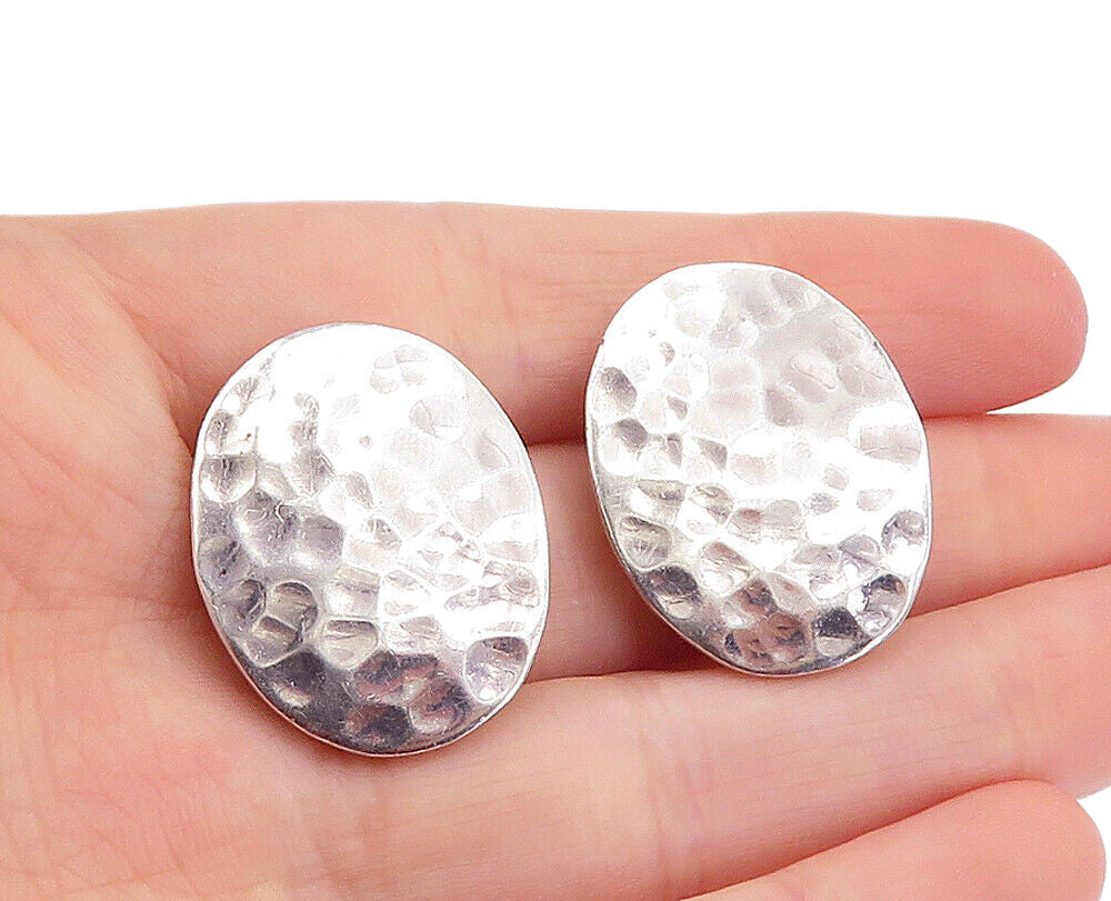 925 Sterling Silver  Vintage Shiny Hammered Oval Non Pierce Earrings  EG2840