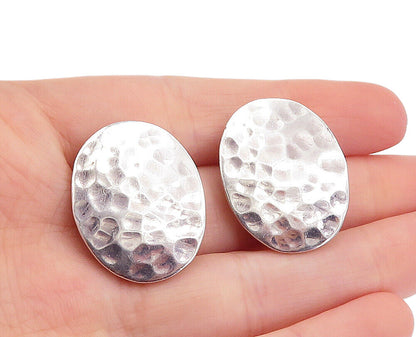 925 Sterling Silver  Vintage Shiny Hammered Oval Non Pierce Earrings  EG2840