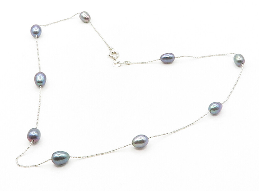 925 Sterling Silver  Smooth Blue Pearls Shiny Thin Chain Necklace  NE2666