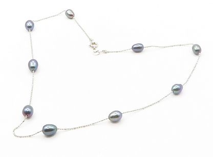 925 Sterling Silver  Smooth Blue Pearls Shiny Thin Chain Necklace  NE2666