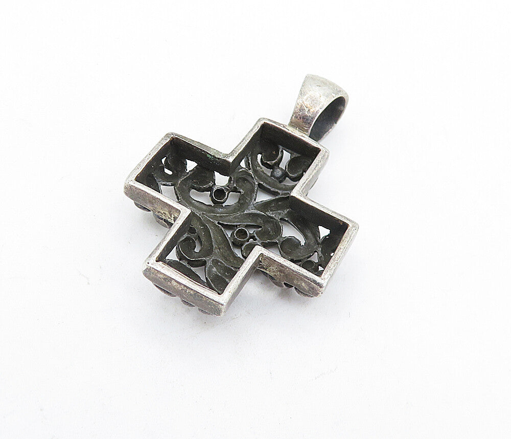 925 Sterling Silver  Vintage Dark Tone Swirl Pattern Cross Pendant  PT4537