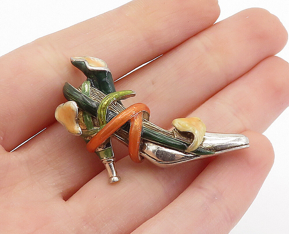 925 Sterling Silver  Vintage Enamel Vine Wrapped Shoe Motif Brooch Pin  BP2556