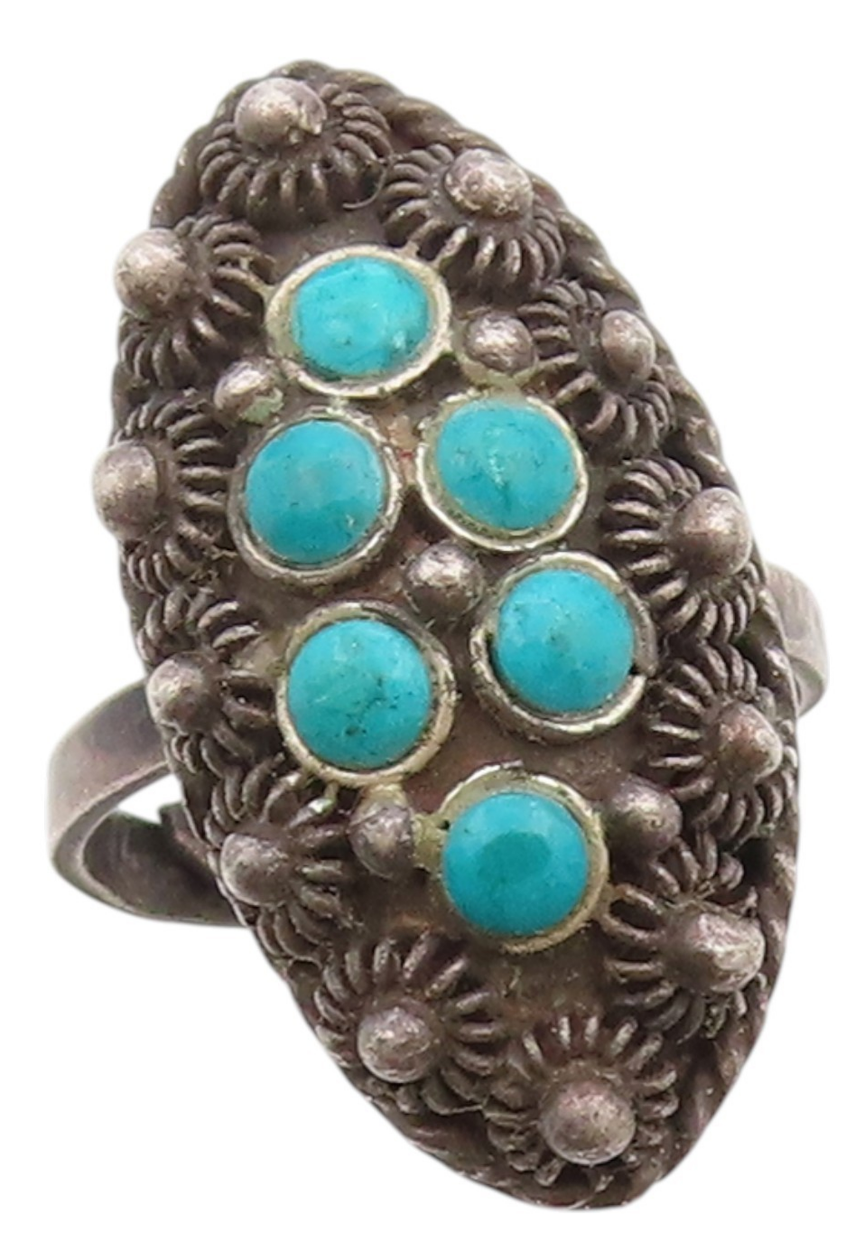 925 Sterling Silver Vintage Ring Antique Turquoise Wired Flowers  Sz 6  RG33317