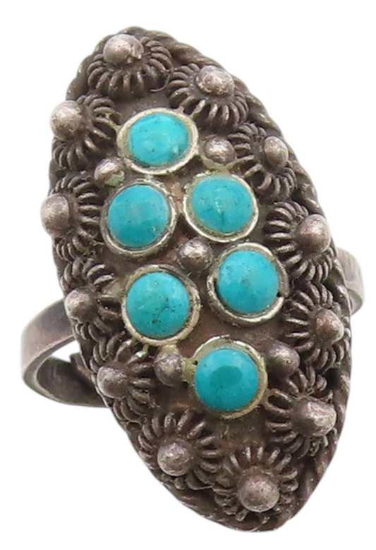 925 Sterling Silver Vintage Ring Antique Turquoise Wired Flowers  Sz 6  RG33317