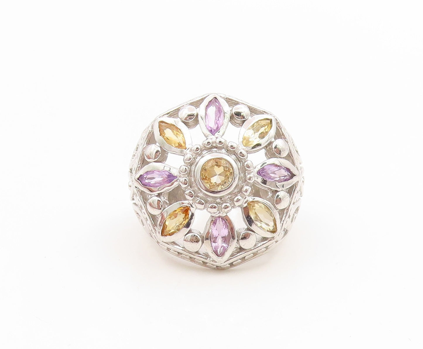 925 Sterling Silver Vintage Ring Amethyst & Citrine Floral Band  Sz 6  RG36157