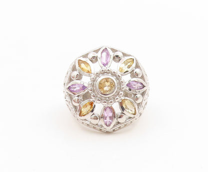 925 Sterling Silver Vintage Ring Amethyst & Citrine Floral Band  Sz 6  RG36157