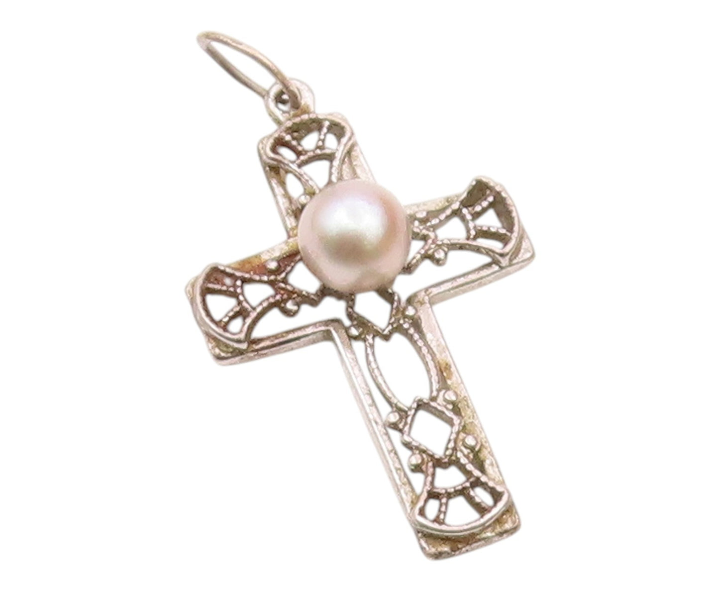 925 Silver  Vintage Openwork Religious Cross Fresh Water Pearl Pendant PT21319