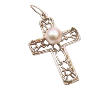 925 Silver  Vintage Openwork Religious Cross Fresh Water Pearl Pendant PT21319