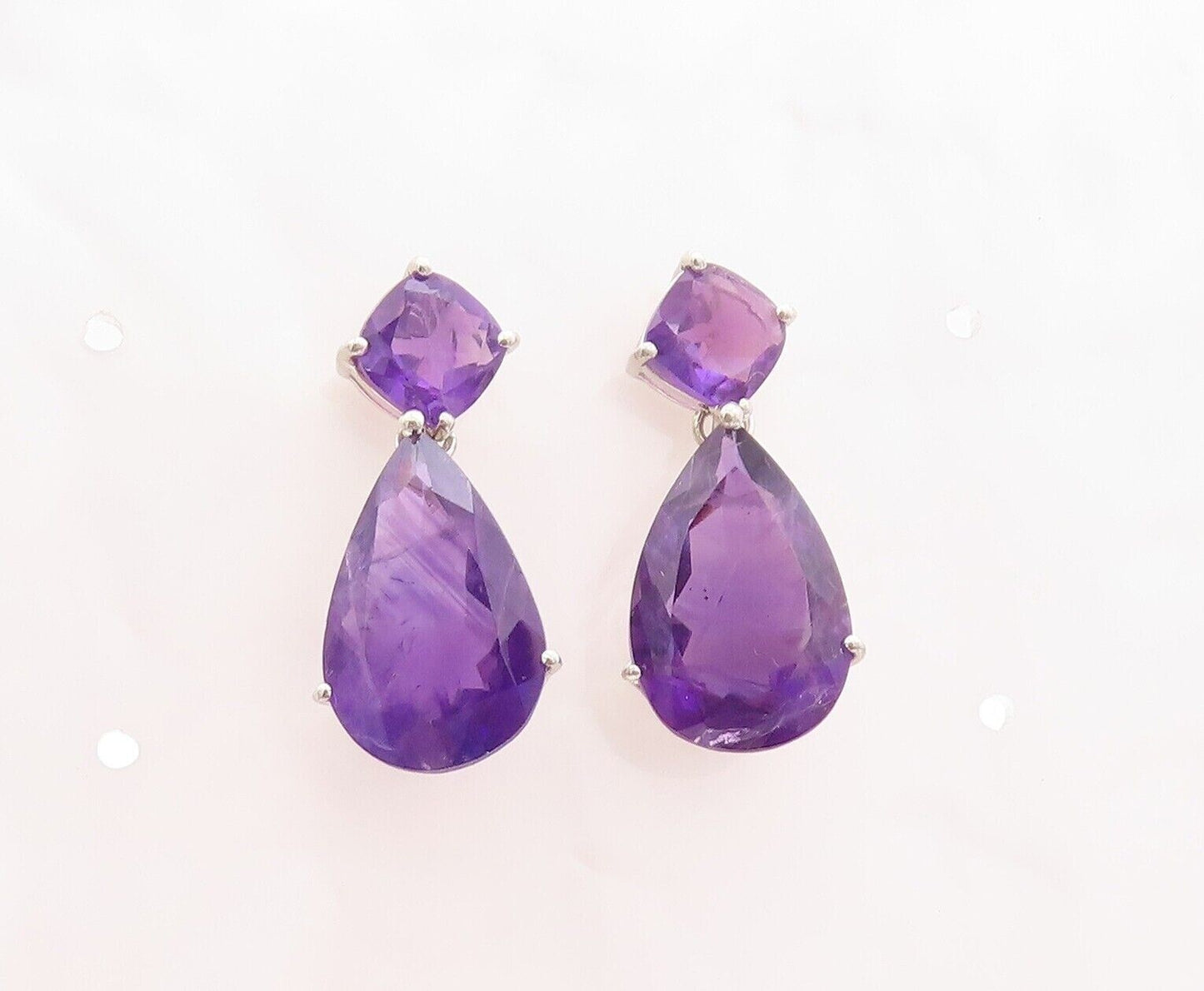 925 Sterling Silver Vintage Earrings Square & Drop Cut Dangling Amethyst EG13156