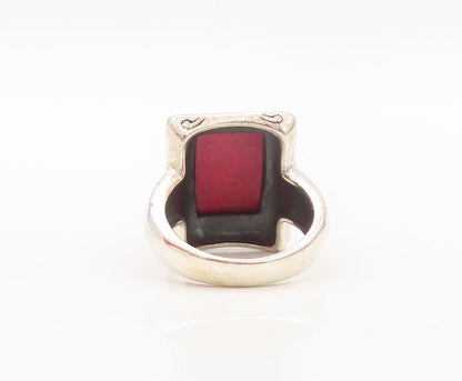 925 Sterling Silver Vintage Ring Floral Carved Frame Red Gemstone  Sz 8  RG30225