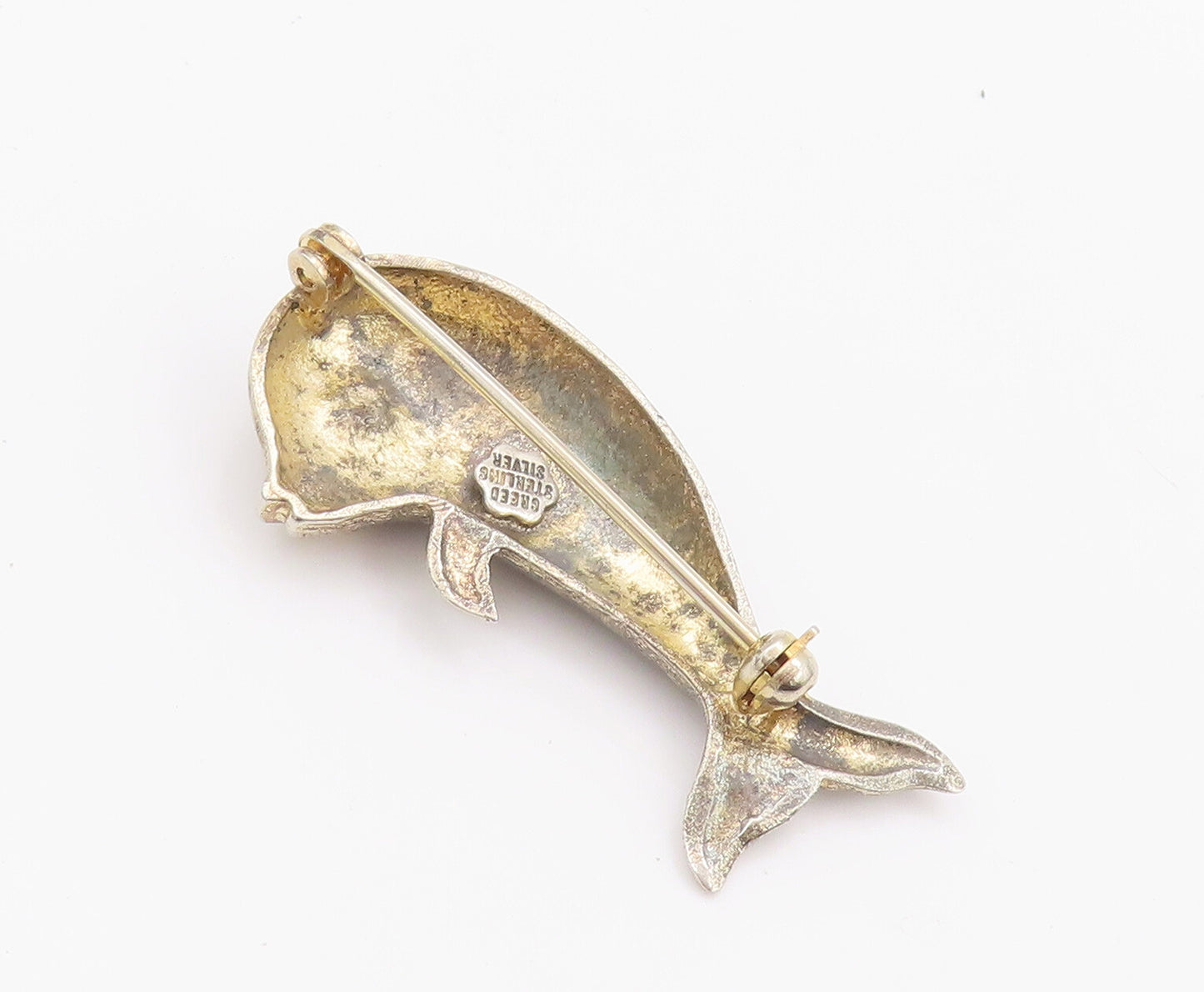 925 Sterling Silver Vintage Brooch Pin CREED Carved Blue Topaz Dolphin  BP10671