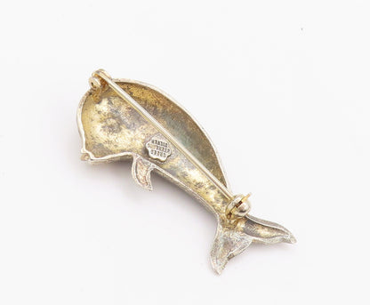 925 Sterling Silver Vintage Brooch Pin CREED Carved Blue Topaz Dolphin  BP10671