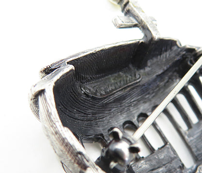 925 Sterling Silver  Vintage Dark Tone Pearl Trolley Car Brooch Pin  BP1613