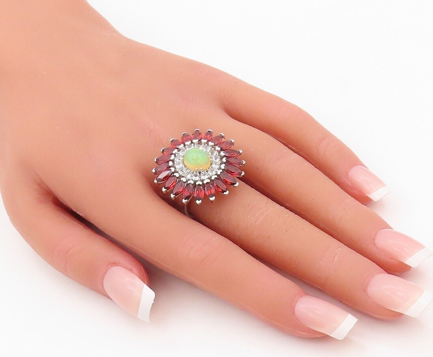 925 Sterling Silver Vintage Ring Fire Opal Garnet & Topaz Flower  Sz 7  RG30500