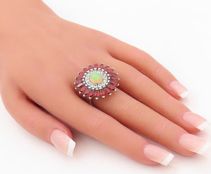925 Sterling Silver Vintage Ring Fire Opal Garnet & Topaz Flower  Sz 7  RG30500