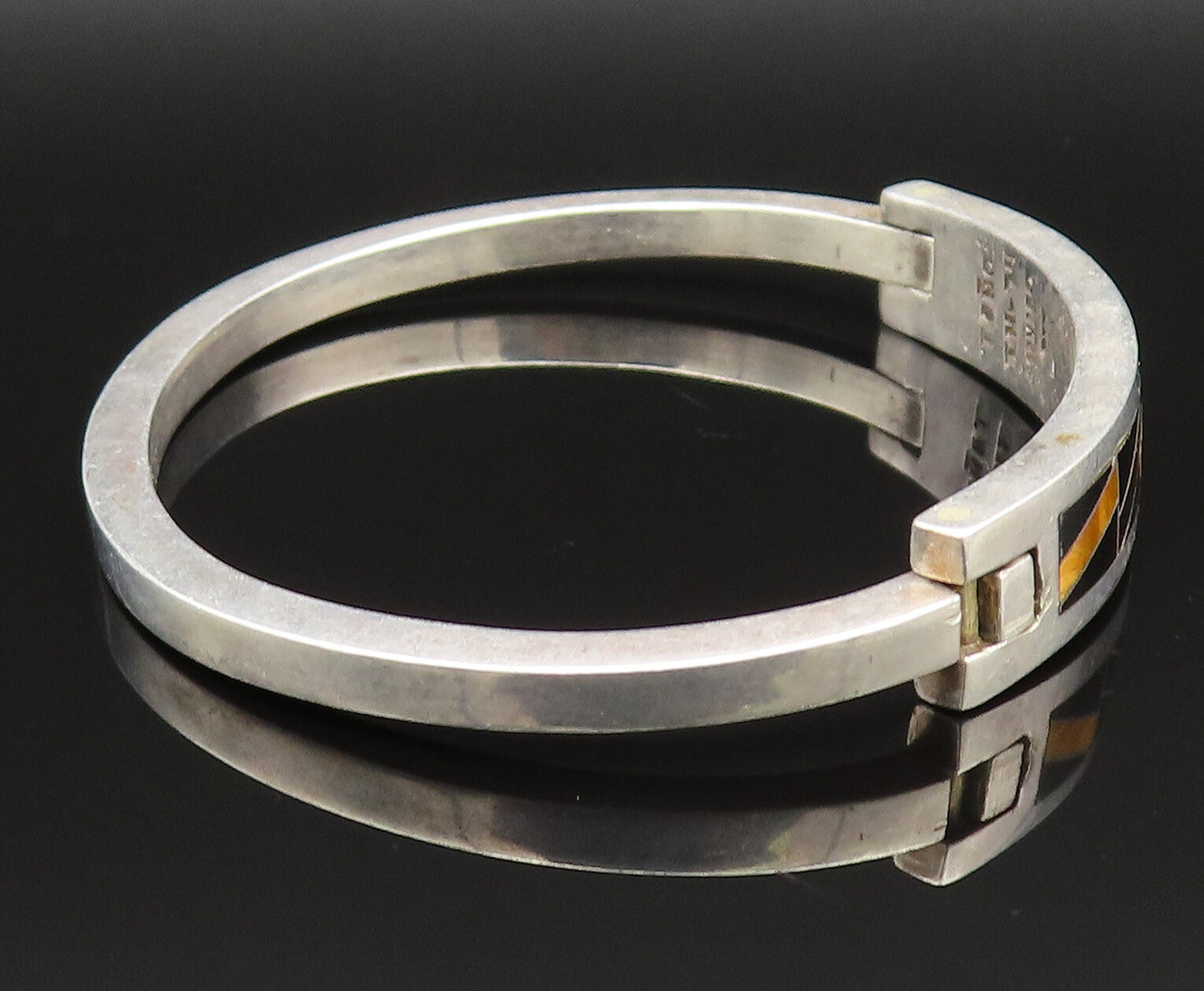 CECILIA TONO 925 Silver  Vintage Inlaid Onyx & Tiger's Eye Bracelet  BT9531