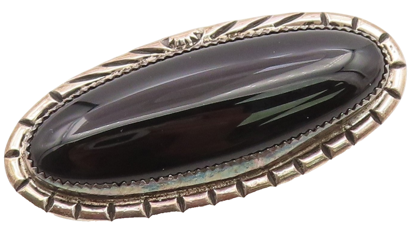 925 Sterling Silver Vintage Brooch Pin NAVAJO Modern Cabochon Black Onyx BP12342