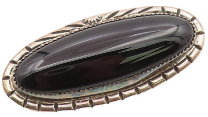 925 Sterling Silver Vintage Brooch Pin NAVAJO Modern Cabochon Black Onyx BP12342