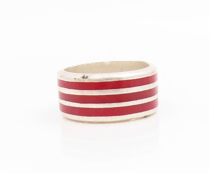 925 Sterling Silver Vintage Ring Red Enameled Wide Stripes Band  Sz 7  RG36092