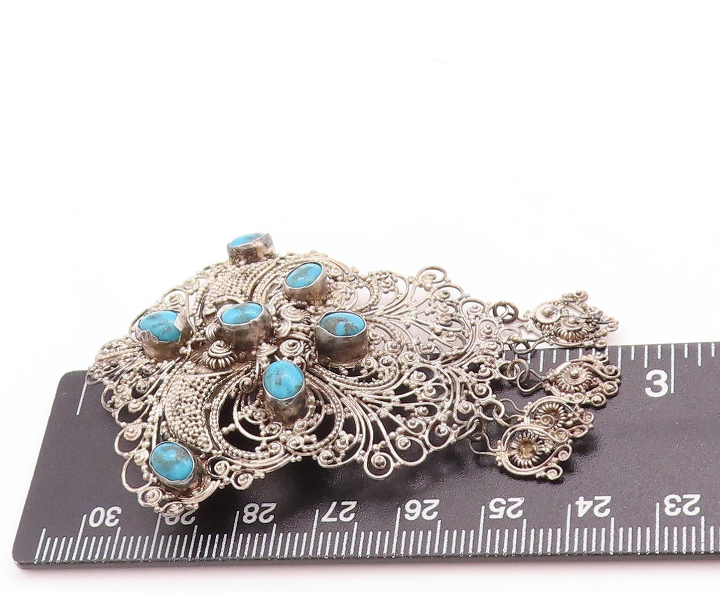 925 Sterling Silver Vintage Brooch Pin Turquoise Inlay Floral Filigree  BP11430