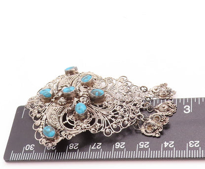 925 Sterling Silver Vintage Brooch Pin Turquoise Inlay Floral Filigree  BP11430