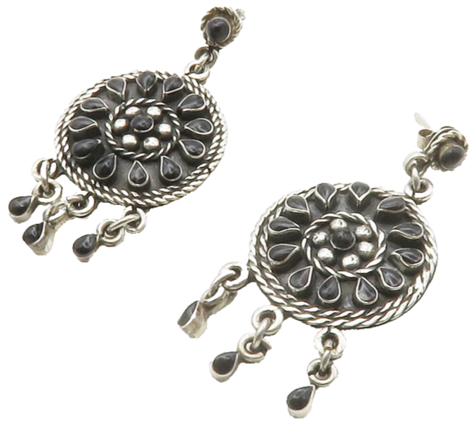 MEXICO 925 Sterling Silver  Vintage Black Onyx Floral Dangle Earrings  EG6810