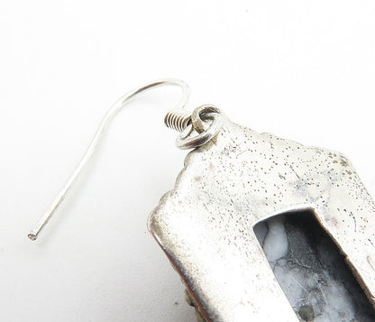 925 Sterling Silver  Vintage Cabochon Cut Grey Jasper Dangle Earrings  EG4554