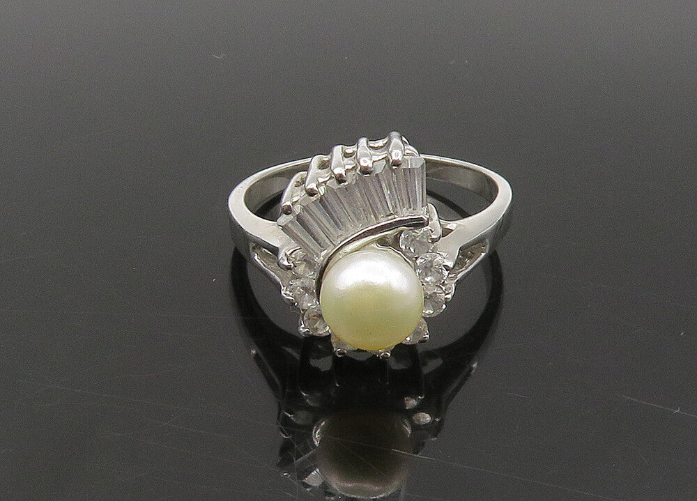 925 Sterling Silver  Vintage Pearl & Cubic Zirconia Band Ring Sz 8  RG23282