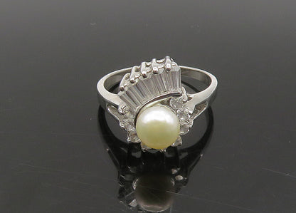 925 Sterling Silver  Vintage Pearl & Cubic Zirconia Band Ring Sz 8  RG23282
