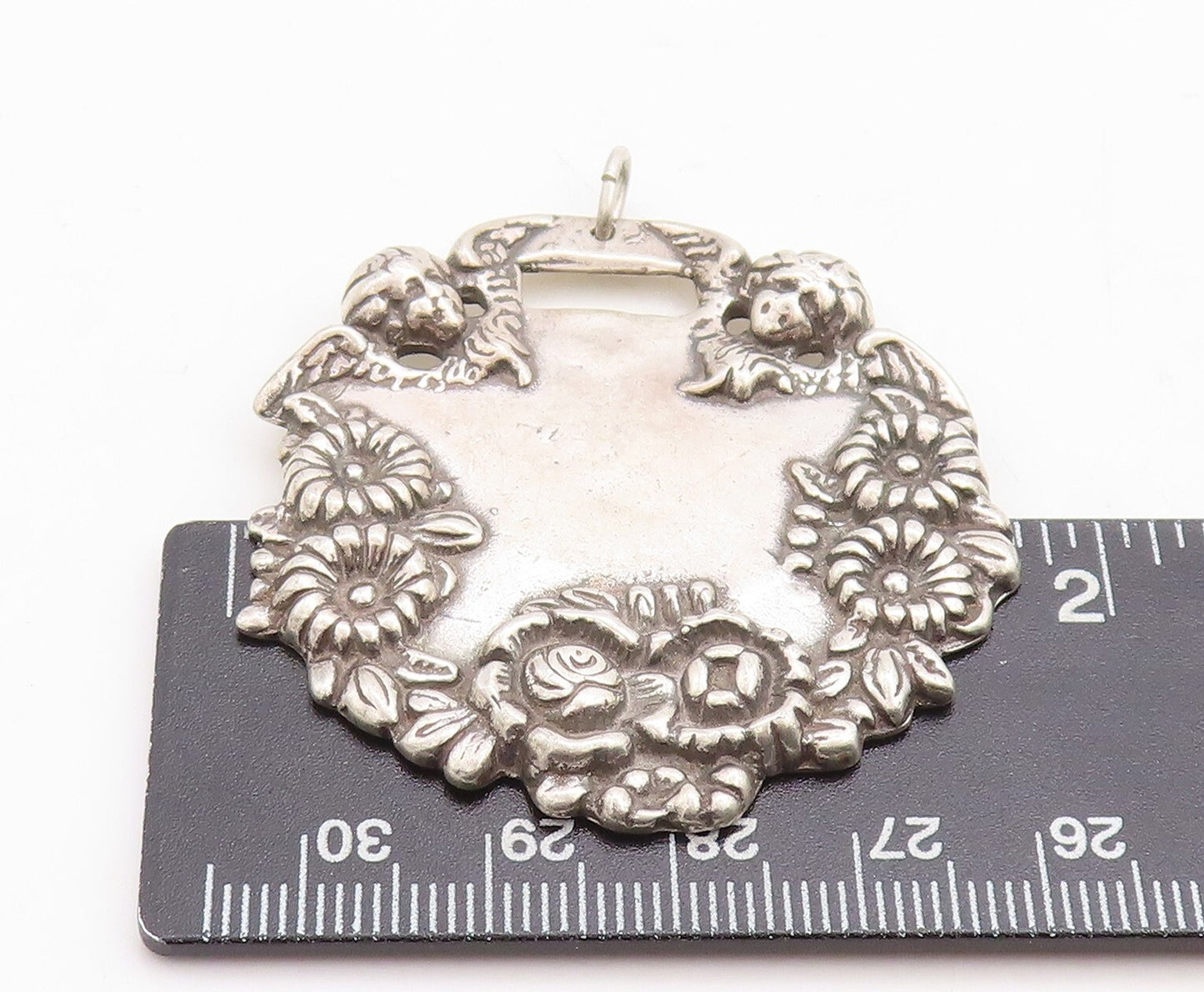 925 Sterling Silver Vintage Pendant Dark Tone Floral Border Carved  PT23735