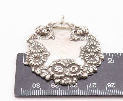 925 Sterling Silver Vintage Pendant Dark Tone Floral Border Carved  PT23735