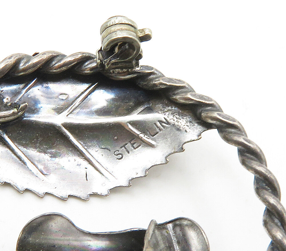 925 Sterling Silver  Vintage Dark Tone Flower Twist Border Brooch Pin  BP6544