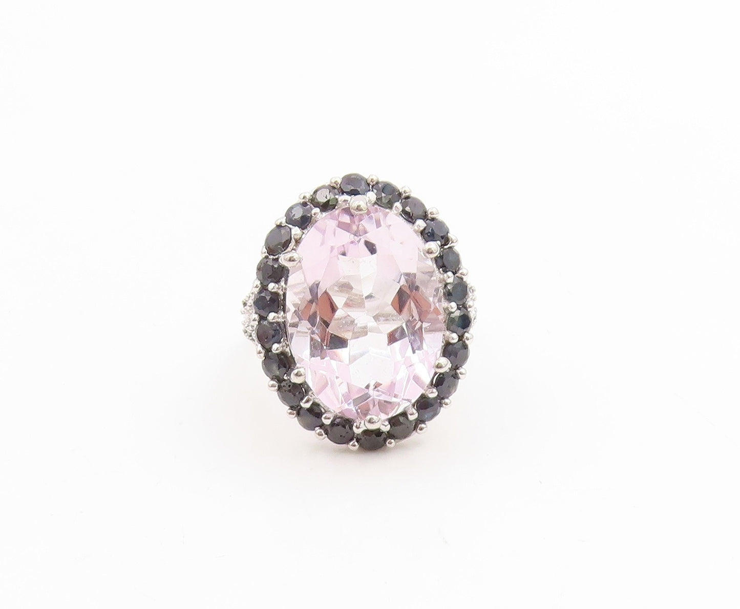 925 Sterling Silver Vintage Ring Rose Quartz Halo Sapphire Band  Sz 7.5  RG36161