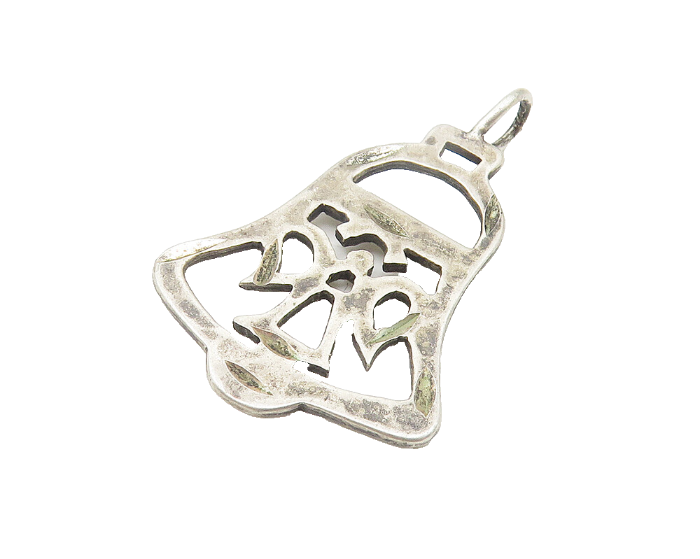 925 Sterling Silver  Vintage Dark Tone Cutout Ribbon Bell Pendant  PT8739