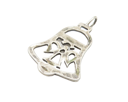 925 Sterling Silver  Vintage Dark Tone Cutout Ribbon Bell Pendant  PT8739