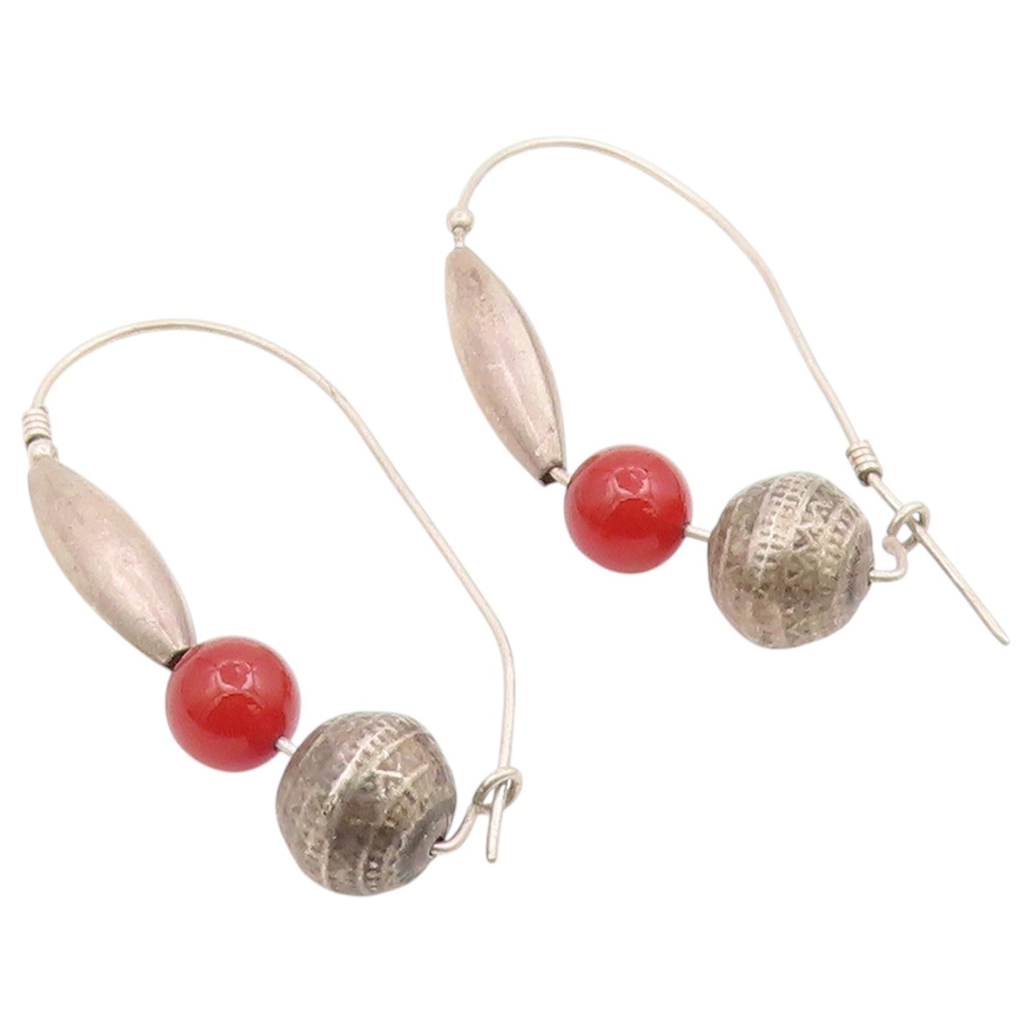 925 Sterling Silver Vintage Earrings Modernist Carnelian Bead Hoops  EG14500