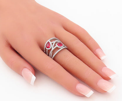 925 Sterling Silver Vintage Ring Designer Cut Red & White CZ Bands Sz 7  RG30498