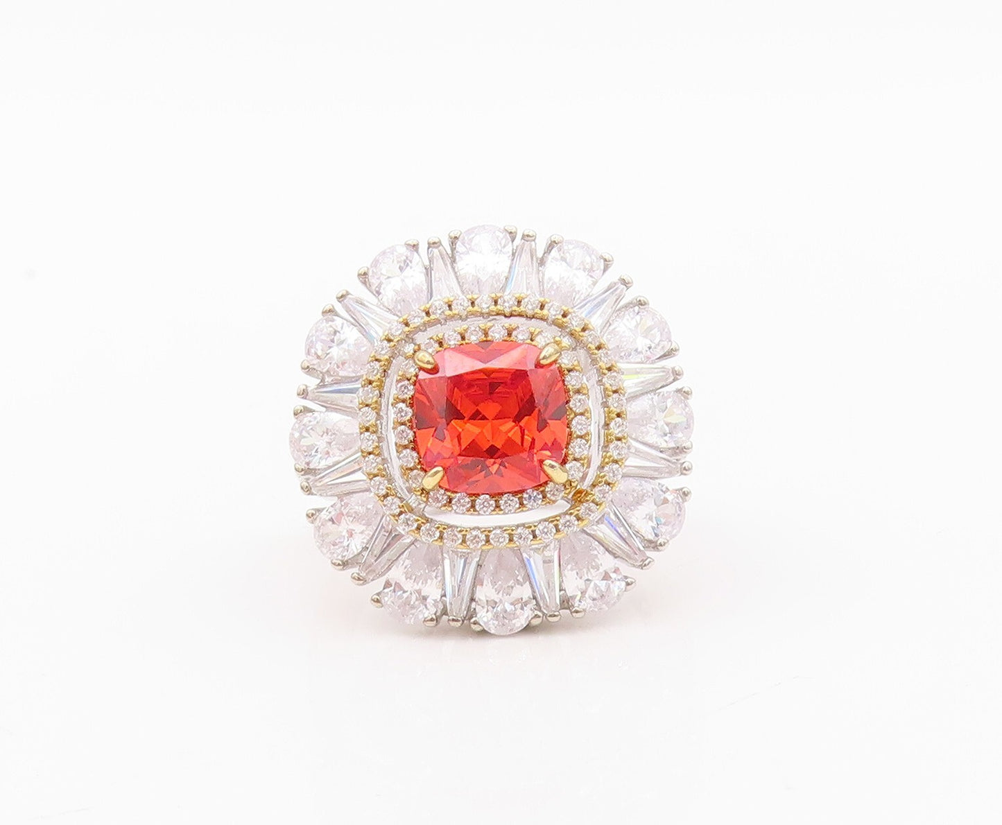 925 Sterling Silver Vintage Ring Floral Orange & White CZ Inlay  Sz 7.5  RG30360