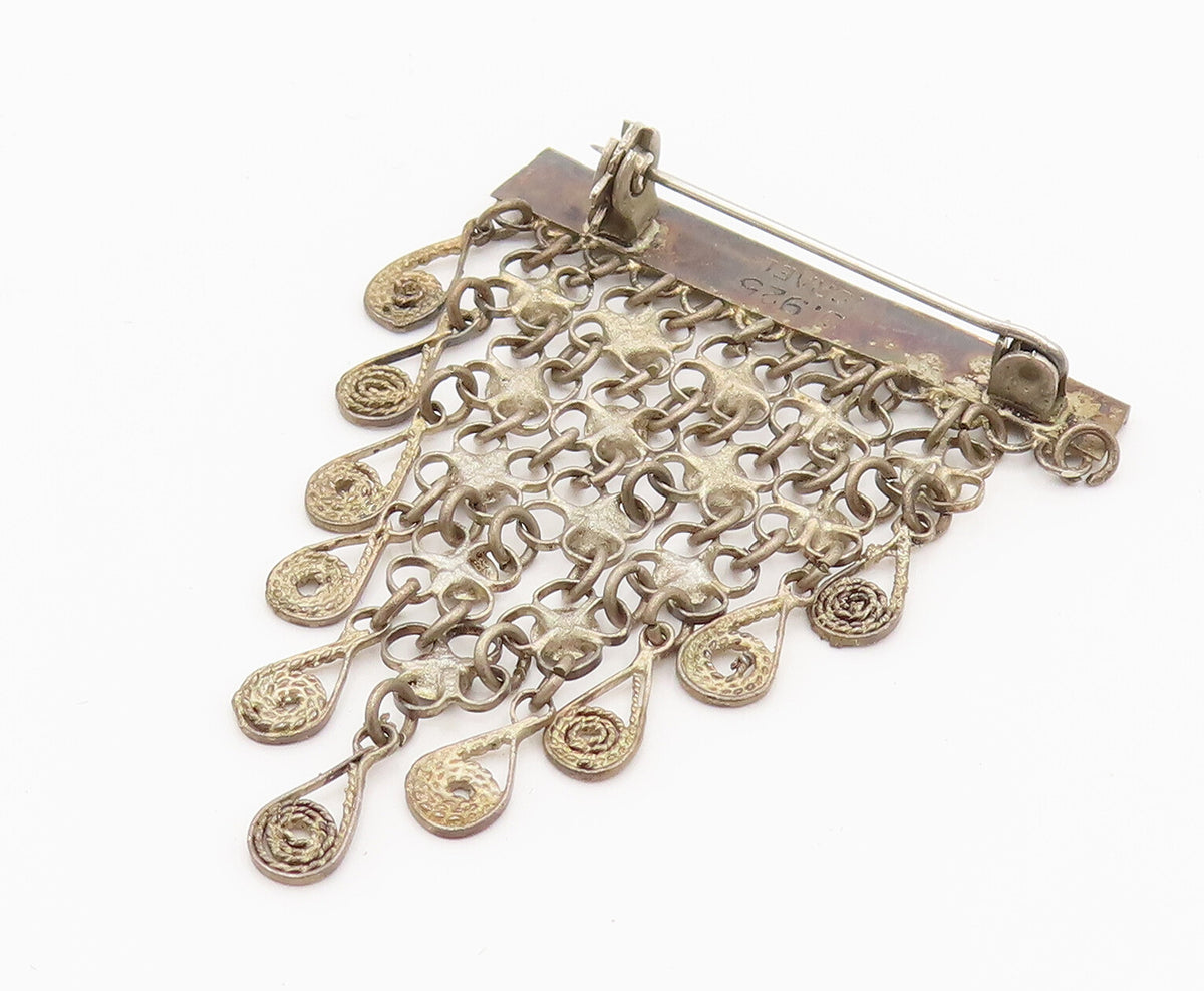 ISRAEL 925 Silver  Vintage Chained Disc & Spirals Dangle Brooch Pin  BP10135