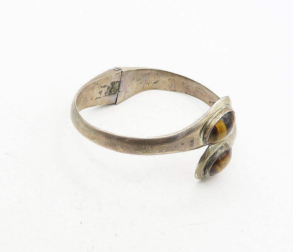 MEXICO 925 Silver Vintage Cabochon Tiger's Eye Bypass Cuff Bracelet BT1694