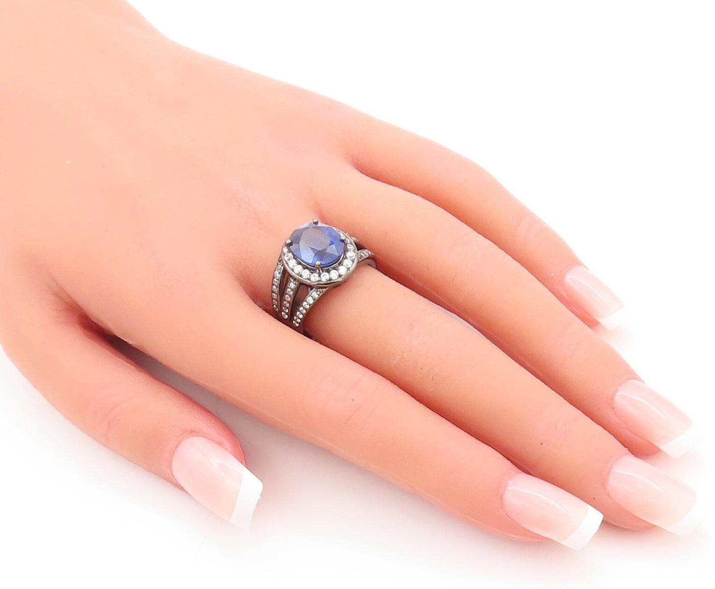 925 Sterling Silver Vintage Ring Split Band CZ Inlay & Sapphire  Sz 8  RG29617